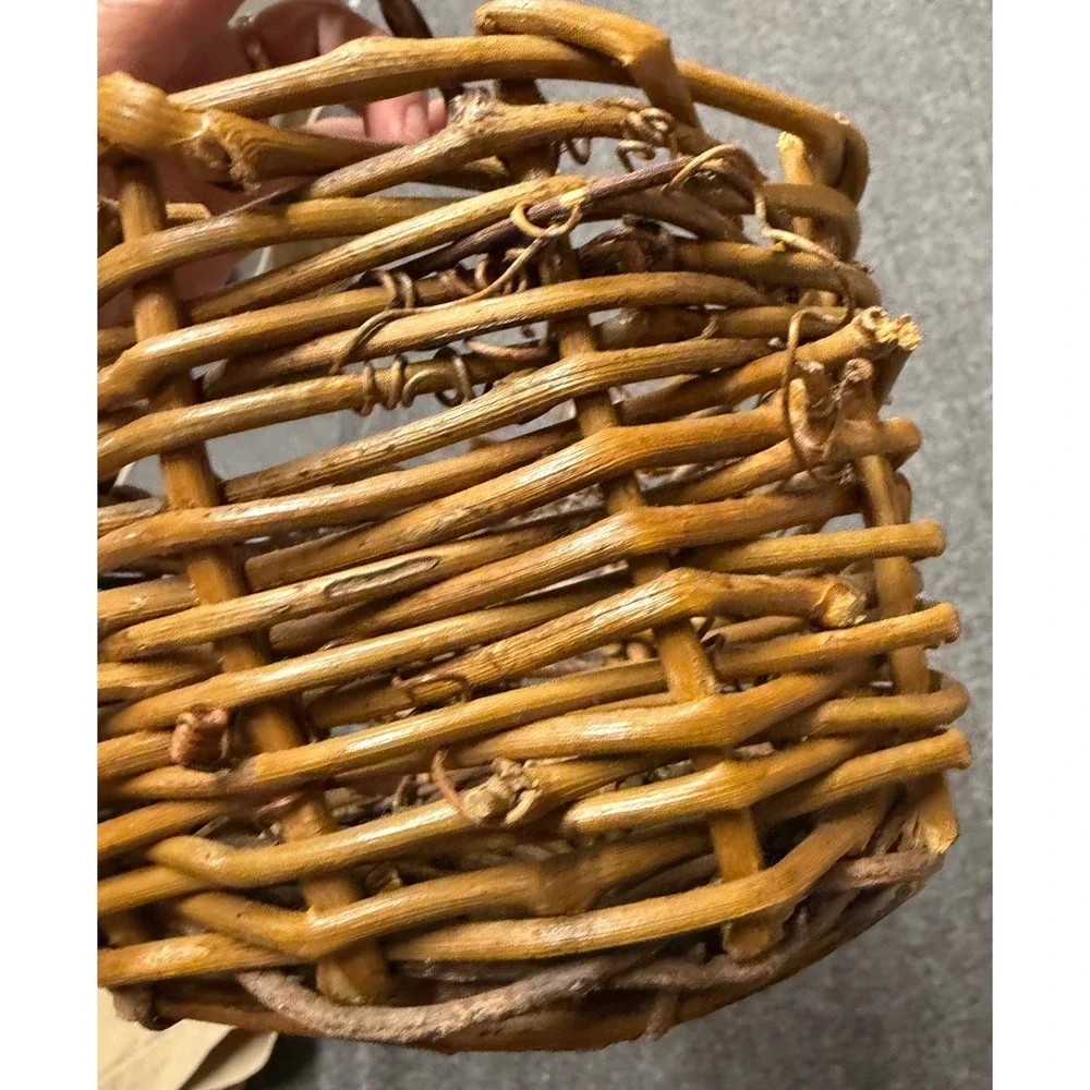 Small Rustic Grapevine Woven Basket w/ Handle and Plastic Liner Brown Farmhouse